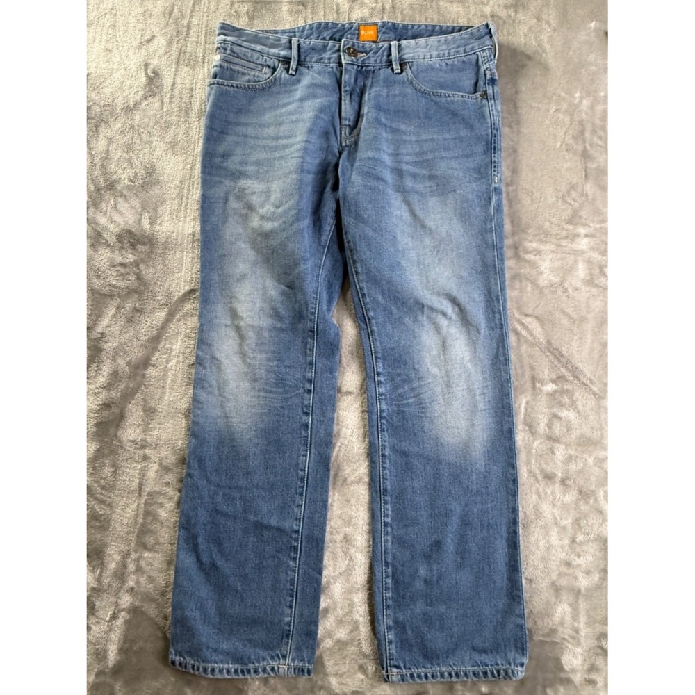US 3 Hugo Boss Orange 24 Men's Regular Fit Blue Denim Jeans Size 36 x 30 Faded